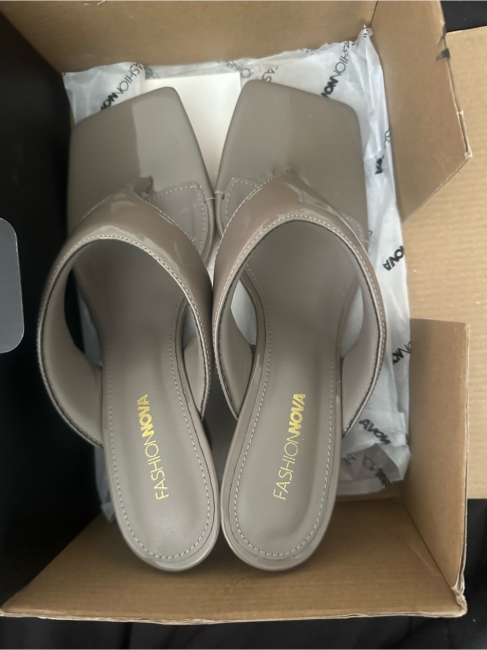 Fashion Nova Taupe Patent Square-Toe Slide Mules
